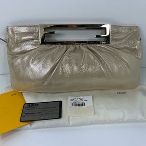 Fendi Cutout Handle Light Gold Metallic Leather Clutch Bag